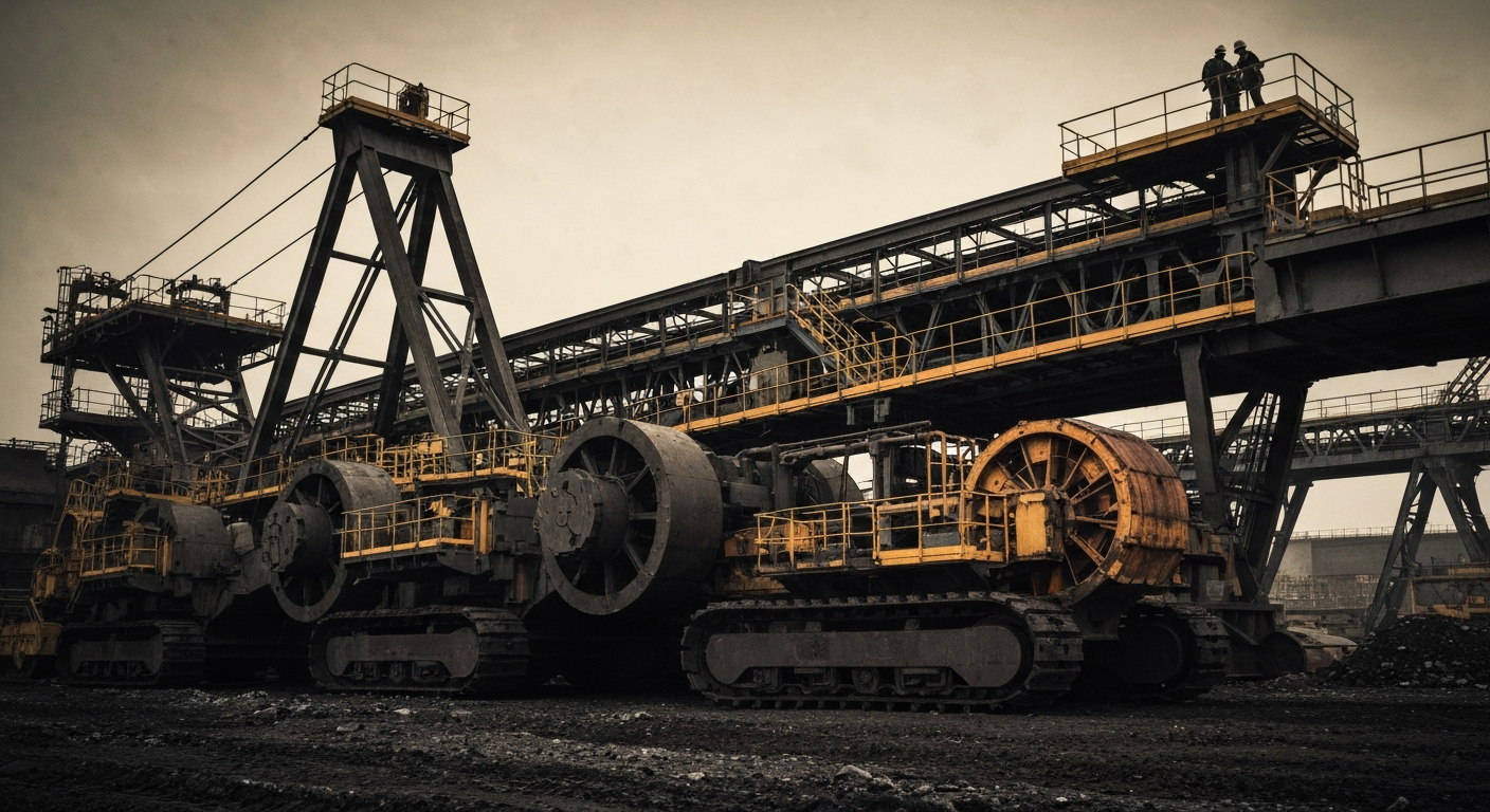 An extreme close-up of rugged, weathered mining equipment and machinery, conveying the physical, industrial nature of the coal mining business without using any text or symbols.