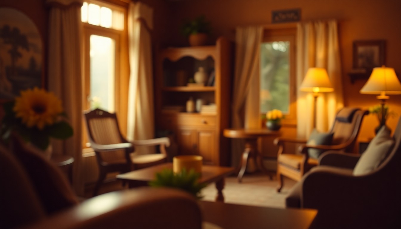 An extremely abstracted, out-of-focus photograph in soft, hazy tones depicting the blurred silhouettes of handcrafted wooden furniture, conceptually representing the peaceful retirement lifestyle of David L. Gebhard.