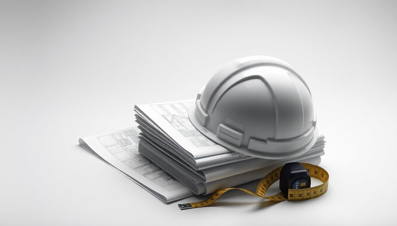 A minimalist studio still life photograph featuring a stack of architectural blueprints, a hardhat, and a tape measure, conceptually representing the planning and development happening in the local community.