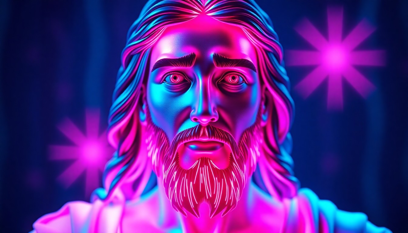 A highly detailed, glowing 3D illustration of a digital avatar of Jesus Christ, with neon cyan and magenta lights illuminating the figure, conceptually representing the intersection of technology and faith-based spiritual guidance.