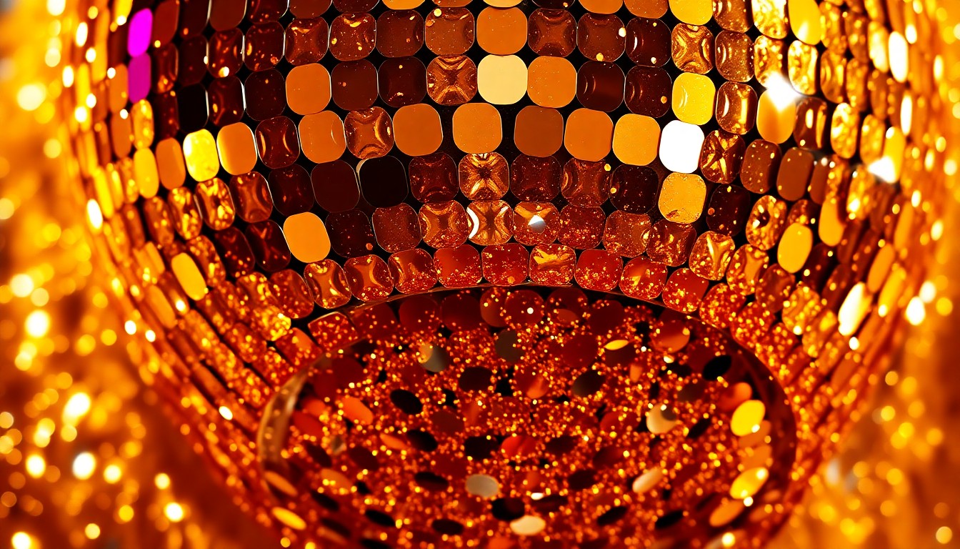 An extreme close-up photograph of shimmering gold sequins and glittering disco ball fragments, reflecting dramatic studio lighting to create a high-fashion, red-carpet aesthetic.