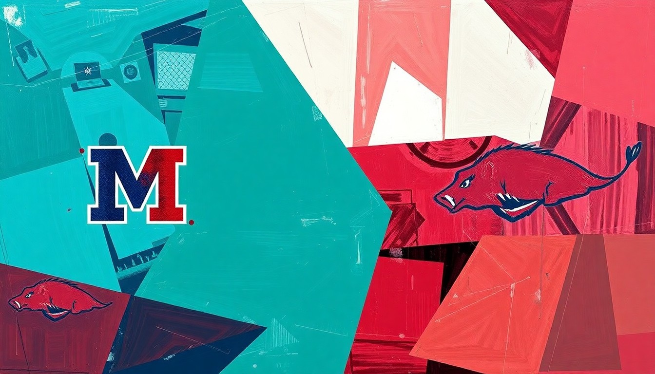 A cubist, geometric painting depicting the action of a softball game, with sharp, overlapping planes of teal, navy blue, and crimson colors representing the players and field.