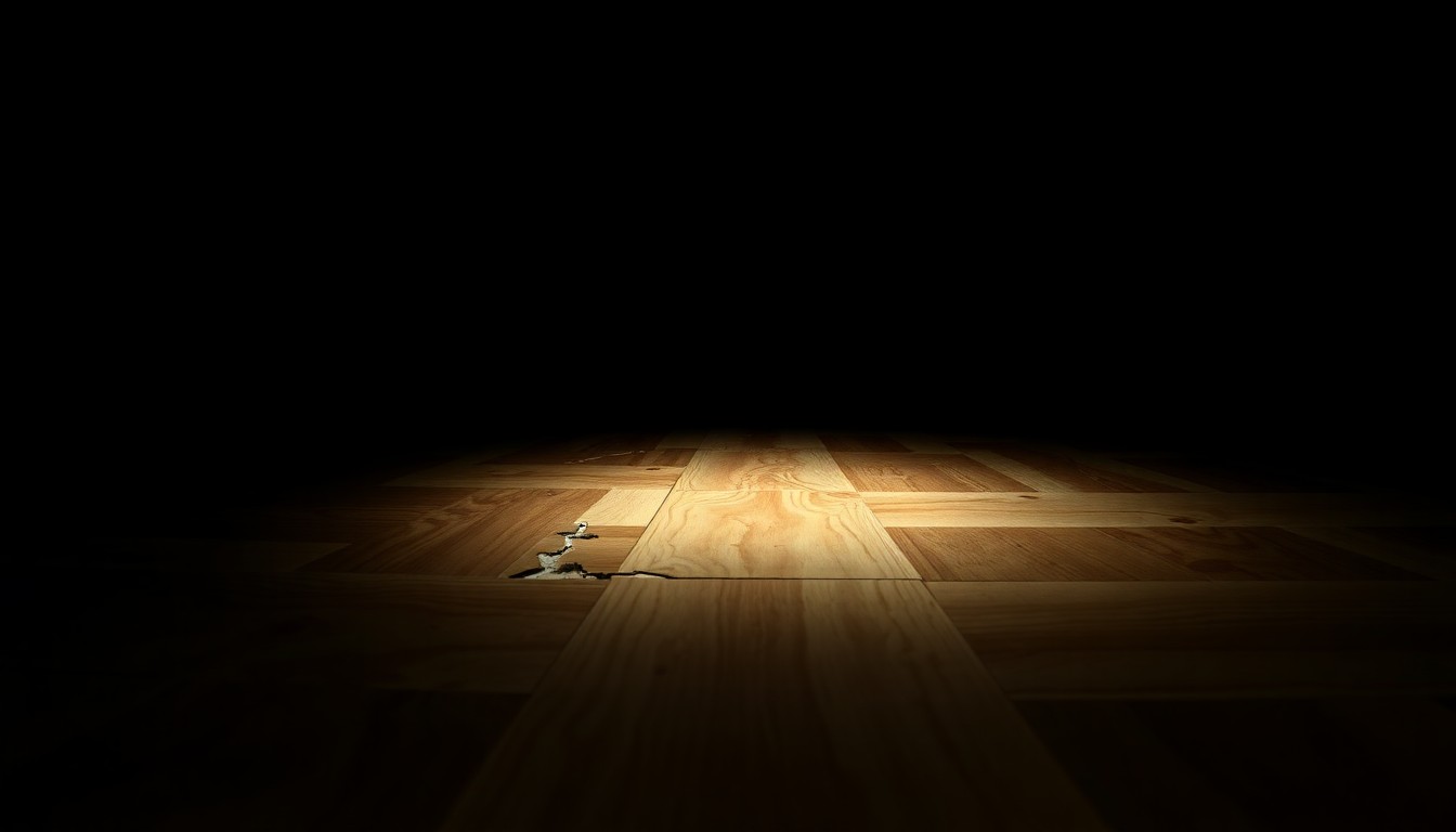 An extreme close-up of a cracked and scuffed hardwood floor tile, dramatically lit by a harsh flash against a dark background, conceptually representing the property damage at the heart of the legal conflict.