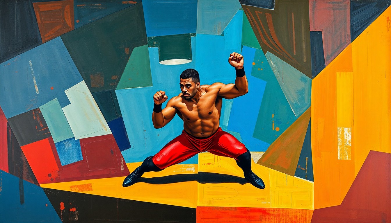 A fractured, multi-perspective painting in bold, geometric shapes and colors, capturing the dynamic movements and journey of a wrestler as he transitions from a small-town background to the world stage of professional wrestling.