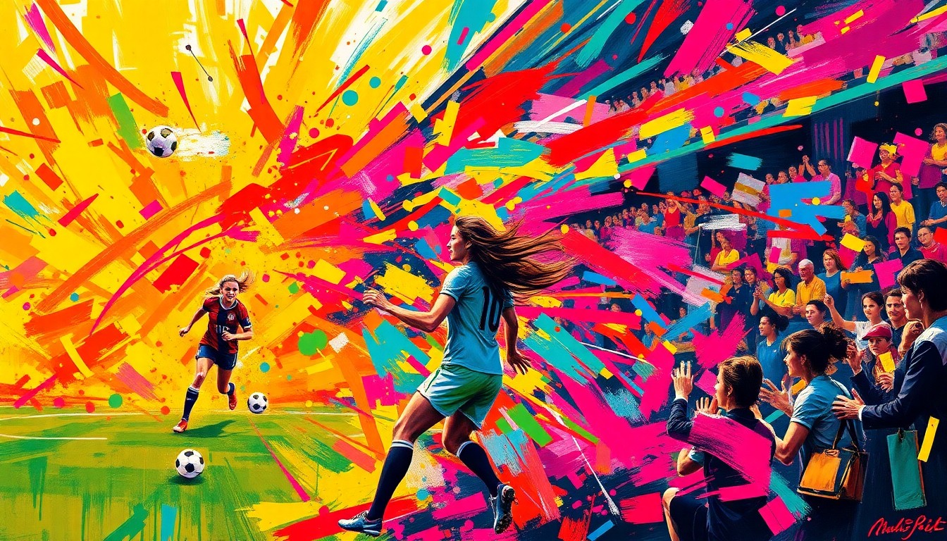 An abstract, neon-hued painting depicting the dynamic energy of a women's soccer match, with players' forms blending into vibrant, expressive brushstrokes and the crowd's excitement represented through swirling, colorful lines.