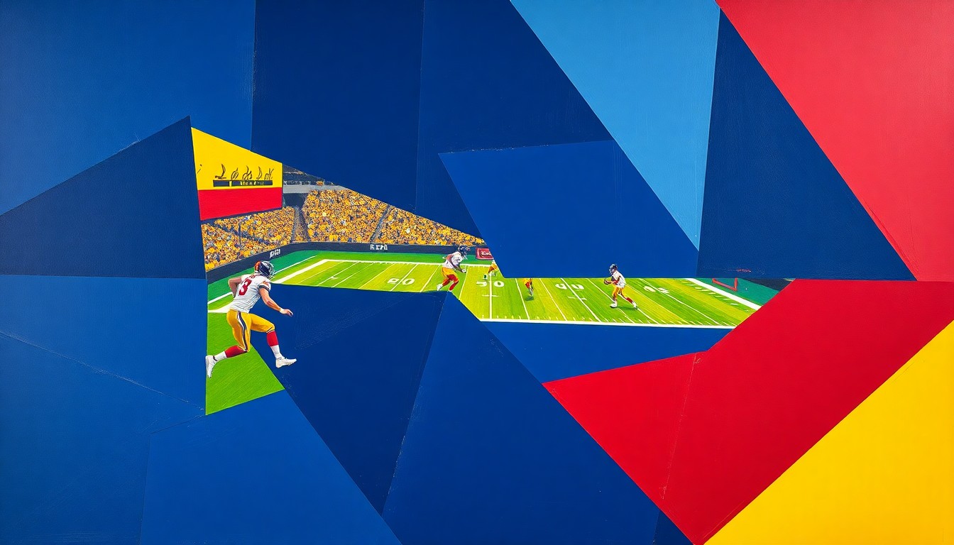 A fractured, geometric painting depicting a football game or practice, with sharp, overlapping planes in navy blue, maize yellow, and crimson red, conceptually representing the strategic changes to Michigan's coaching staff.