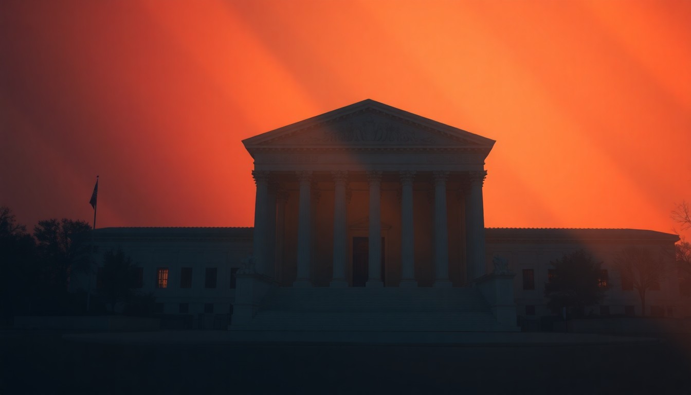A serene, photorealistic painting of the U.S. Supreme Court building, its iconic columns and facade bathed in warm, golden light, conveying a sense of timelessness and gravitas despite the political uncertainty surrounding the court's future.