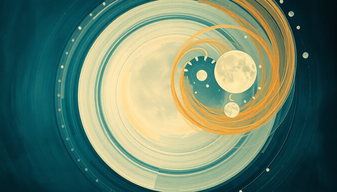 An abstract, highly structured painting in soft, earthy tones of blue, green, and orange, depicting the Artemis II mission's journey around the moon through sweeping geometric arcs, concentric planetary circles, and precise botanical spirals, conveying the grandeur and structural order of the historic spaceflight.