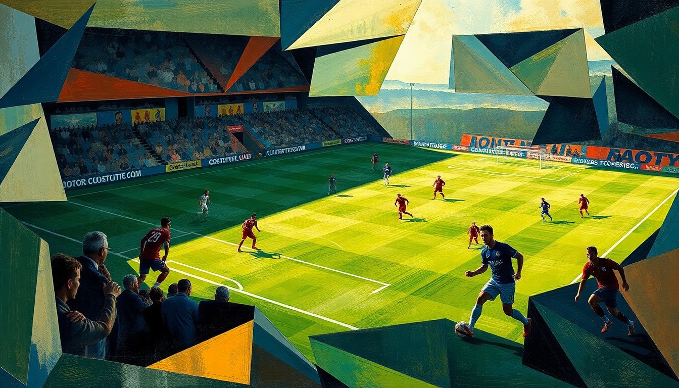 A cubist, geometric painting depicting a football game or match, with players and the field broken down into sharp, overlapping shapes and planes, conveying the strategic complexity and dynamic energy of the sport.