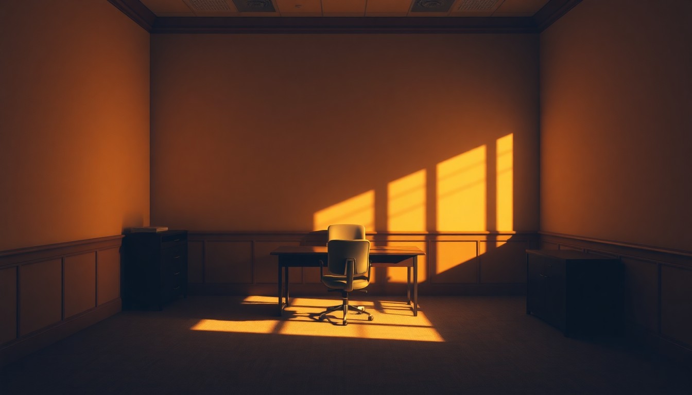 A dimly lit, cinematic painting of an empty political office space, with a single desk and chair bathed in warm, diagonal sunlight and deep shadows, conveying a sense of solitude and the weight of personal scandals on public figures.