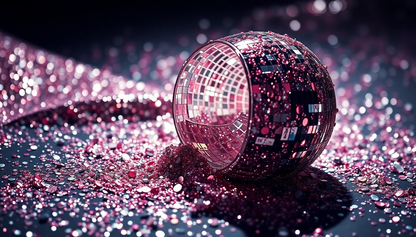 An abstract close-up image of shimmering sequins and shattered glass, capturing the high-contrast glamour and spectacle of celebrity culture.