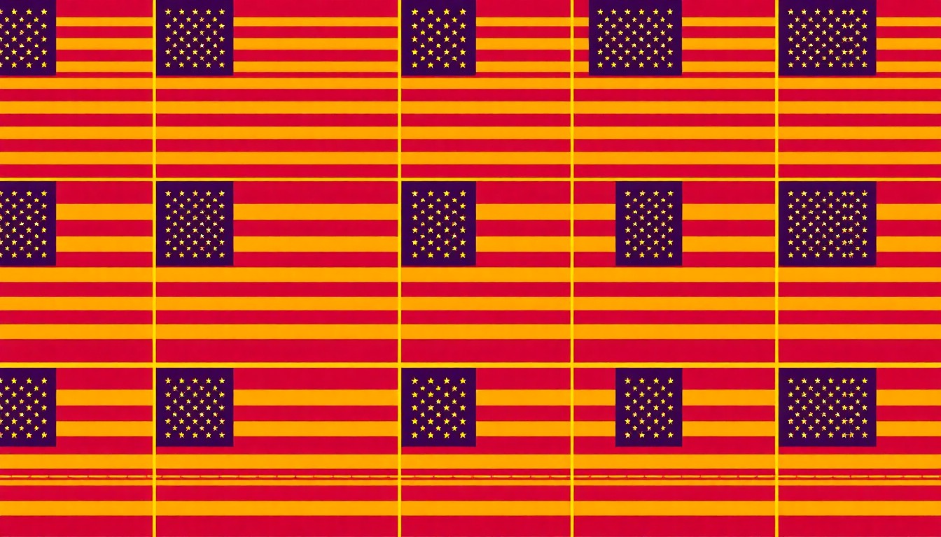 A high-contrast, silkscreen-style image of the American flag repeated in a grid pattern, rendered in bold, neon colors that capture the celebratory spirit of the exhibit.