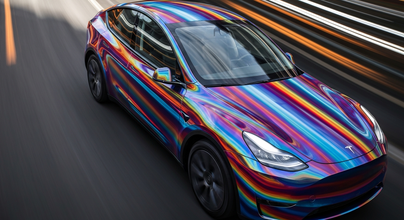 An abstract, blurred image of a Tesla Model Y electric vehicle, conveying a sense of speed and modern engineering through sweeping streaks of vibrant color.