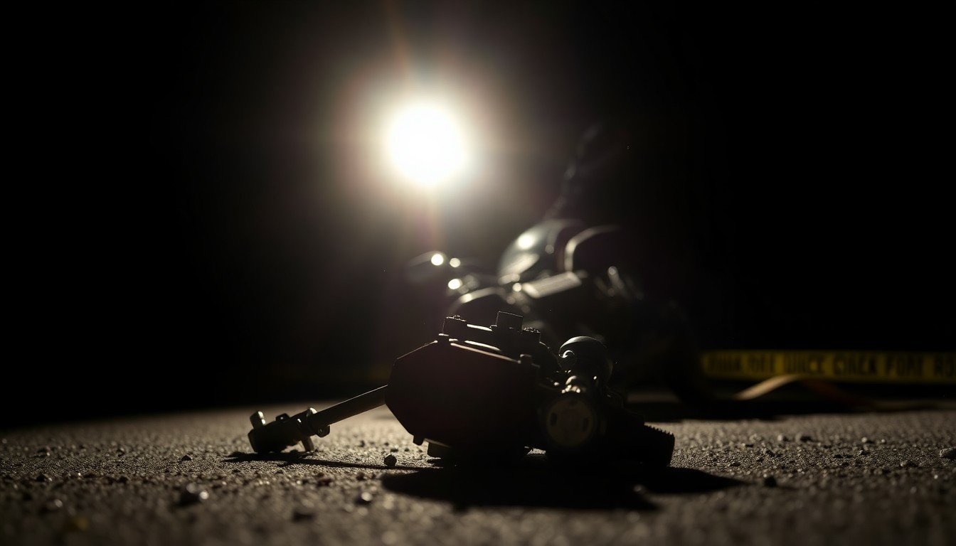 An extreme close-up photograph of a motorcycle part or piece of evidence from the crash scene, lit dramatically by a harsh camera flash against a pitch-black background, conveying the gritty, investigative nature of the incident.
