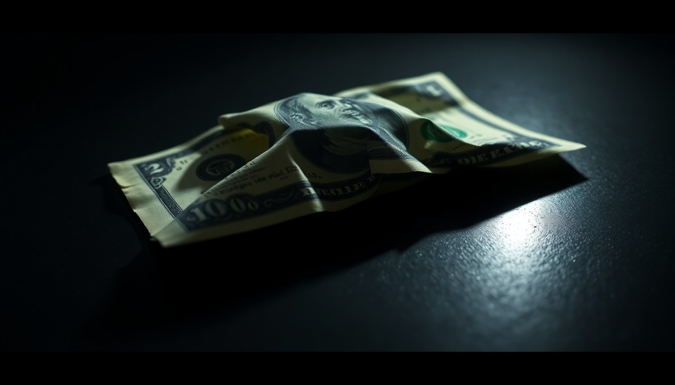 An extreme close-up photograph of a crumpled dollar bill on a dark surface, reflecting the harsh lighting of a camera flash, conceptually representing the robbery and assault that occurred in this news story.