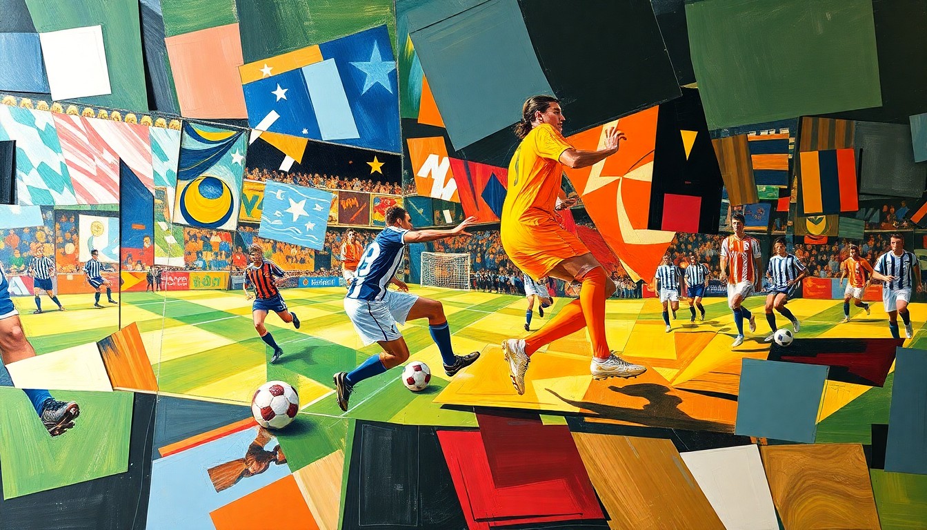 A cubist, geometric painting depicting a soccer player in motion, with their body fractured into overlapping planes of color and shape, conveying the complexity and uncertainty of sports injuries.