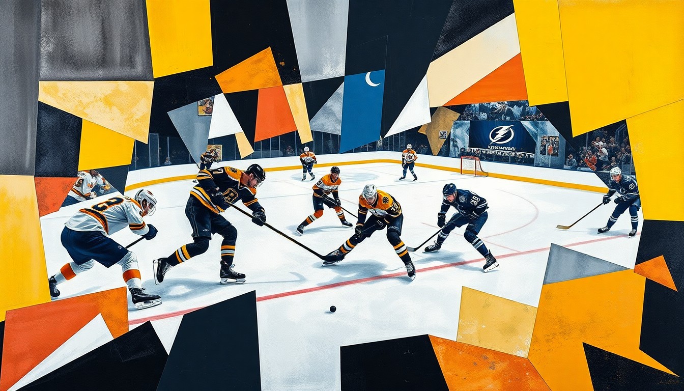 A cubist, geometric painting depicting a hockey game between the Boston Bruins and Tampa Bay Lightning, with fragmented, angular shapes representing the players and puck in a dynamic, multi-perspective composition.