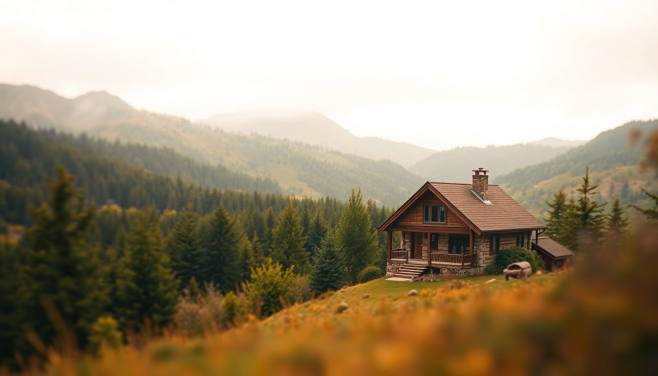 An abstract, out-of-focus photograph in warm hues depicting a cozy mountain cabin surrounded by lush greenery, evoking a sense of tranquility and connection to nature.