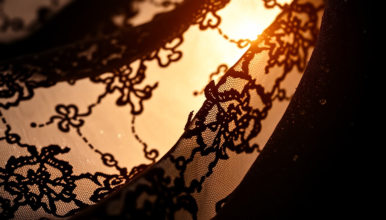 An extreme close-up photograph of delicate, shimmering black lace fabric with intricate, web-like patterns, backlit by a soft, glowing light to create a glamorous, high-fashion aesthetic.