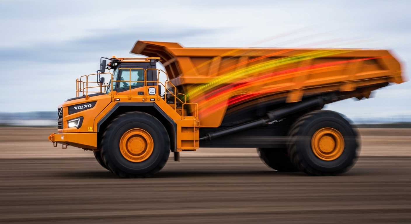 An abstract, colorful image depicting a Volvo electric articulated haul truck in motion, with blurred lines and streaks of vibrant hues conveying a sense of speed and technological advancement.