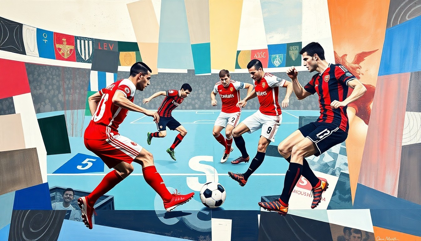 A fractured, cubist-style painting depicting a soccer match between Arsenal and Bournemouth, with the players' forms abstracted into sharp, overlapping geometric shapes in a palette of red, white, black, and blue.