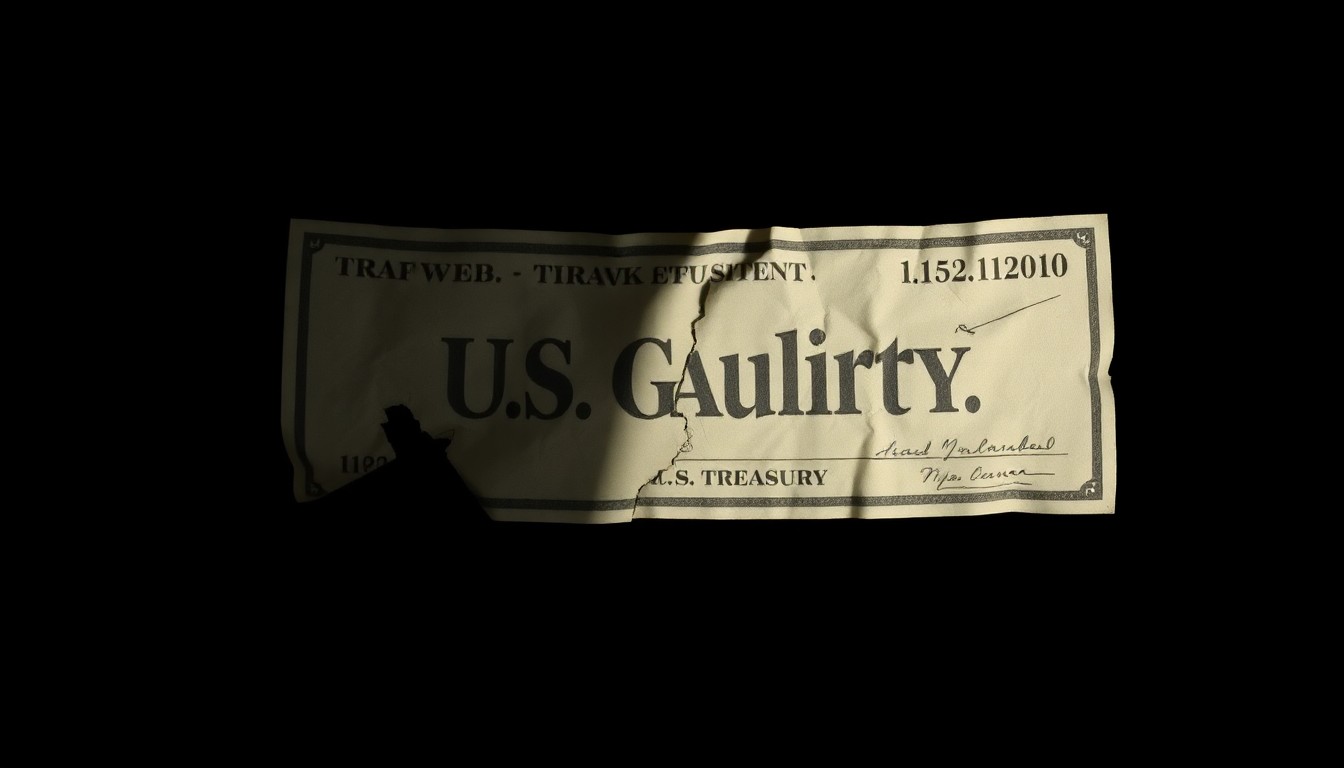 An extreme close-up of a crumpled, torn U.S. Treasury check against a pitch-black background, conceptually representing the financial fraud at the heart of this story.