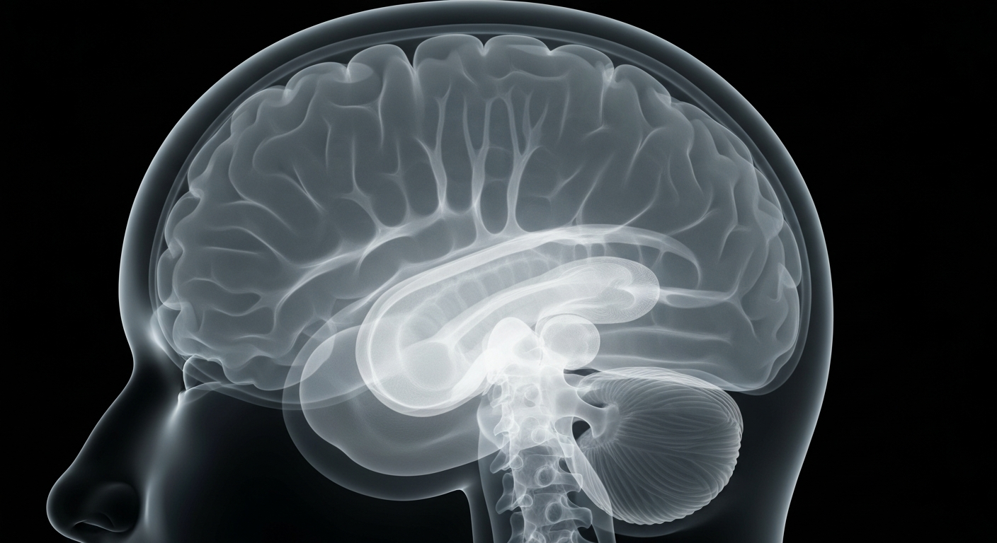 An extreme close-up X-ray photograph showing the ghostly, glowing outline of a human brain, conceptually illustrating the internal neurological structures affected by REM sleep behavior disorder.