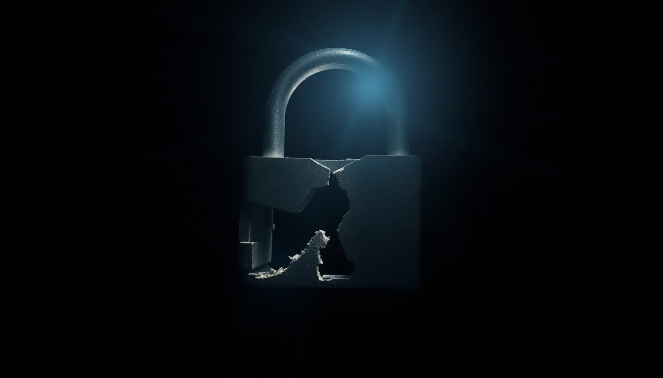 An extreme close-up photograph of a damaged metal padlock, the harsh flash illuminating the rough texture and worn edges of the lock against a pitch-black background, conceptually representing the aftermath of a burglary at a community sports facility.