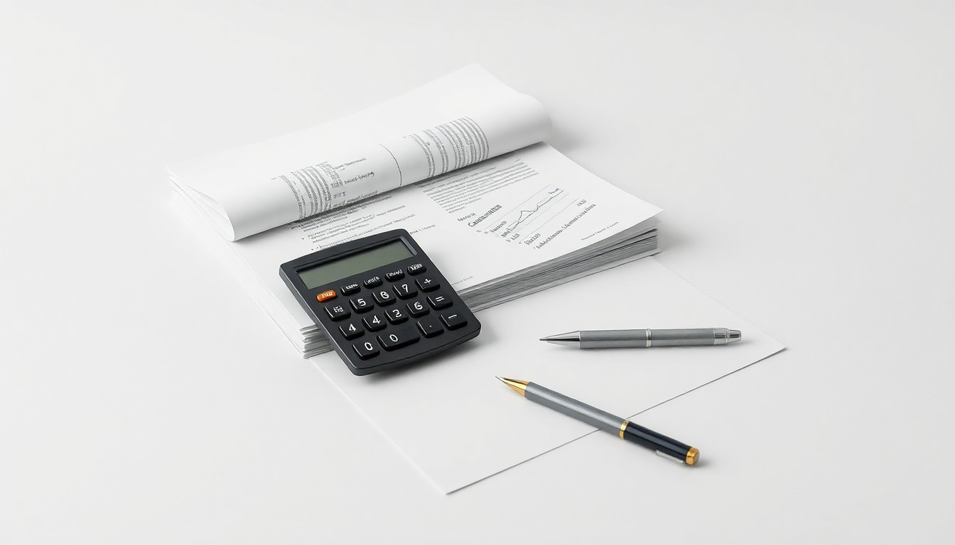A photorealistic studio still life featuring a stack of financial documents, a calculator, and a pen arranged on a clean, monochromatic background, conceptually representing the abstract corporate strategy and finance at the heart of a securities class action investigation.