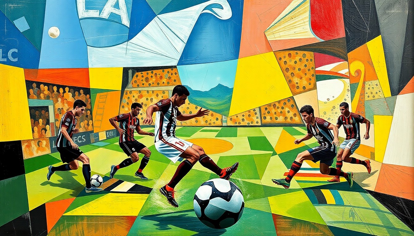 A cubist-style painting depicting a soccer match between LAFC and St. Louis City, with the players and ball rendered in fragmented, overlapping geometric shapes that convey the dynamic energy and tension of the game.