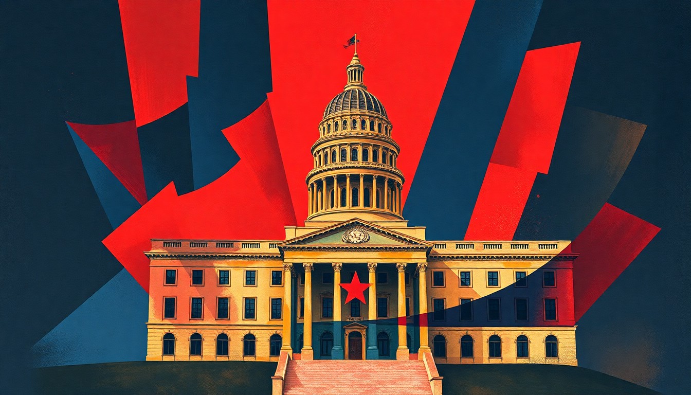 A dynamic, abstract painting featuring the Texas state capitol building in overlapping, fractured geometric shapes and waves of deep red, navy blue, and gold, conveying the high-stakes political maneuvering around the redistricting process.