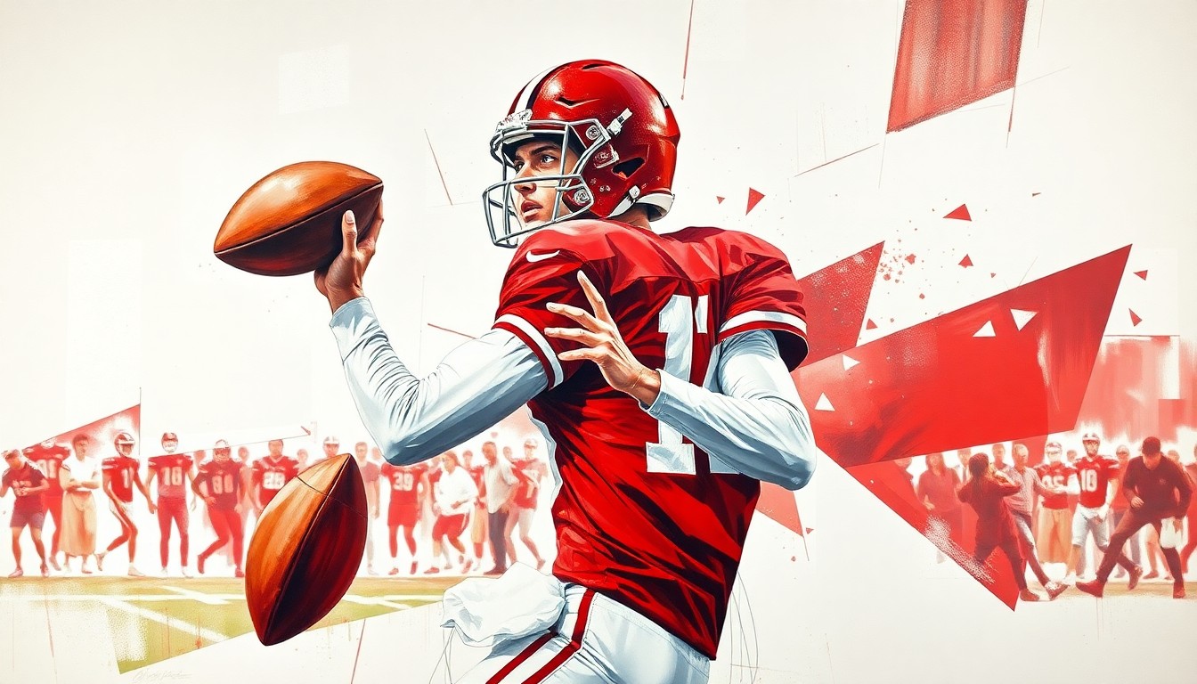 A cubist, geometric illustration depicting an Alabama quarterback dropping back to pass, with the figure broken down into overlapping planes of crimson and white.