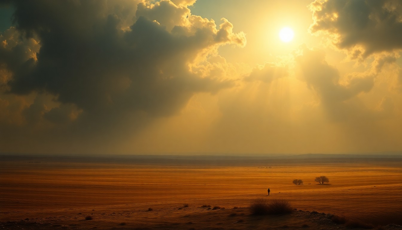 A vast, atmospheric landscape painting in muted tones of ochre, sienna, and hazy blue, depicting a parched, sun-baked field under an oppressive, cloud-filled sky, conveying a sense of the overwhelming scale and power of the impending weather conditions.