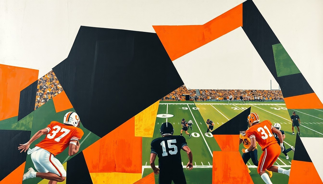 A fractured, multi-perspective painting depicting a high school football game, with the players and field broken down into abstract geometric shapes and planes of orange, black, and white.