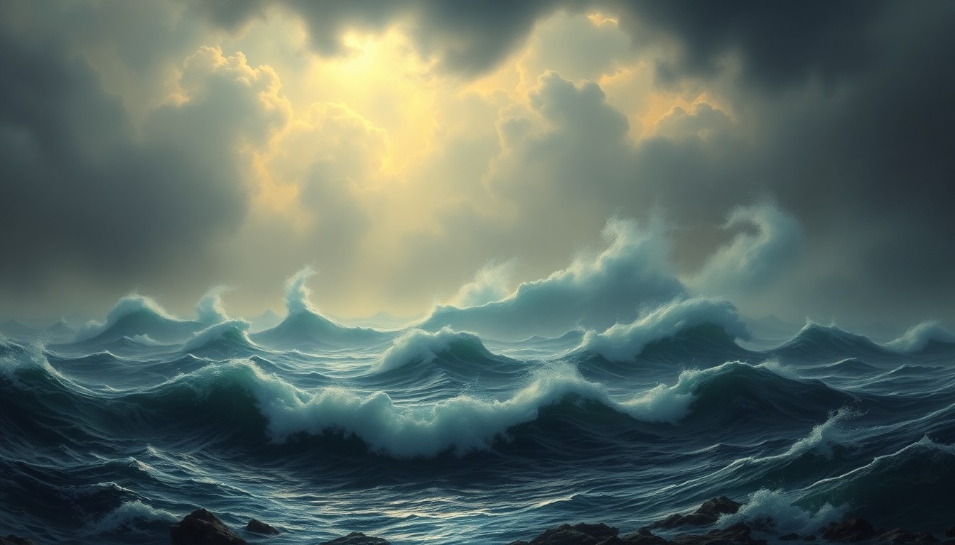 A vast, atmospheric landscape painting depicting a stormy, turbulent ocean with crashing waves that dwarf any physical structures or objects in the scene, conveying the overwhelming, sublime scale of the natural world.