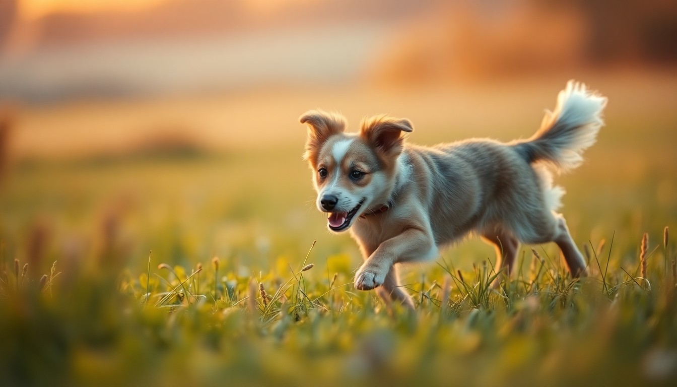 An abstract, impressionistic photograph of a dog's silhouette running through a blurred, colorful landscape, conveying a sense of playfulness and movement.
