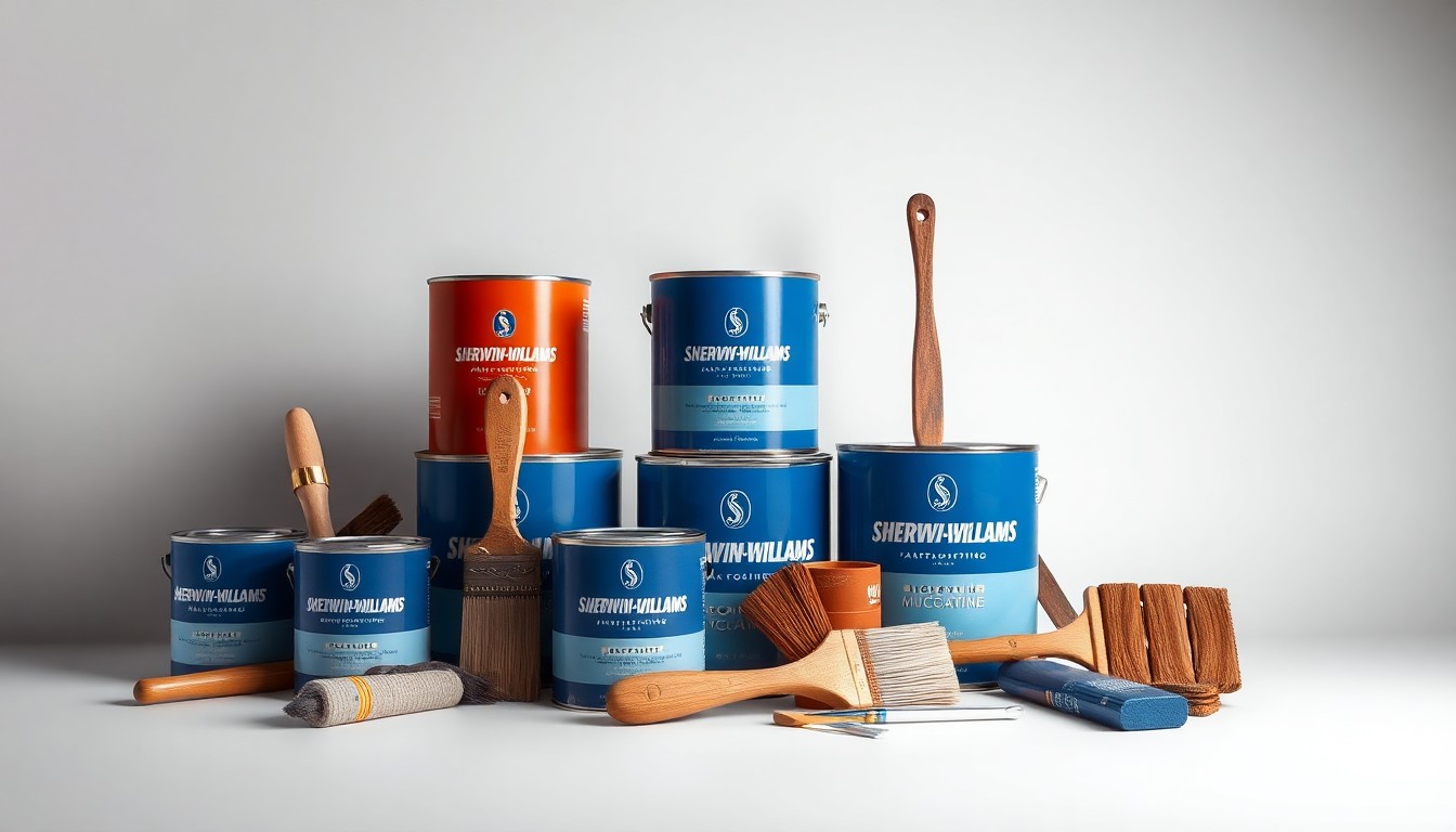A high-end, photorealistic studio still-life photograph featuring a collection of vintage Sherwin-Williams paint cans, brushes, and other tools arranged elegantly on a clean, monochromatic seamless background, conceptually representing the enduring legacy of this iconic brand in Muscatine.