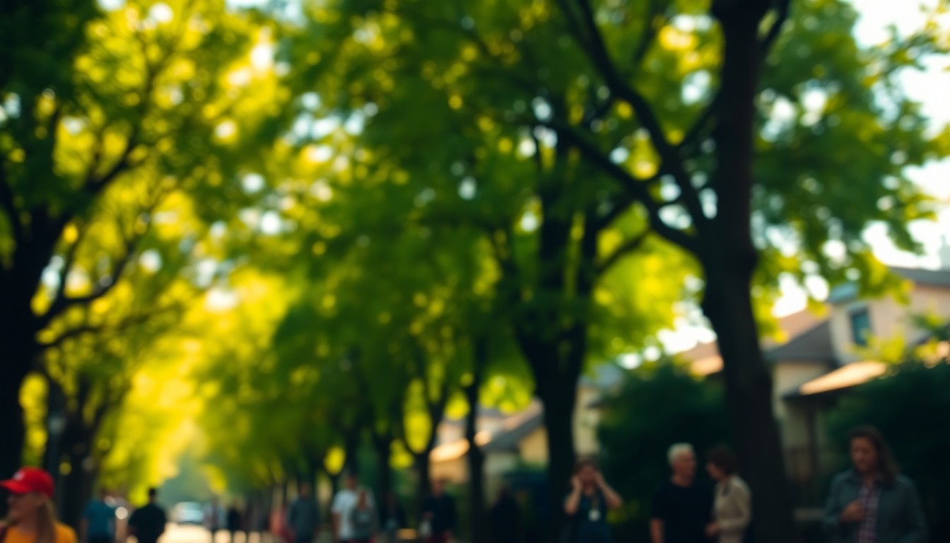 An abstract, impressionistic painting of a lush, green tree canopy in dappled sunlight, with soft, blurred brushstrokes creating a serene, peaceful scene.