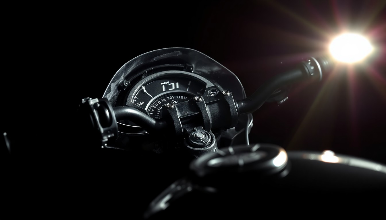 An extreme close-up photograph of a motorcycle's damaged handlebar and control panel, conveying the sudden impact and aftermath of a serious collision.