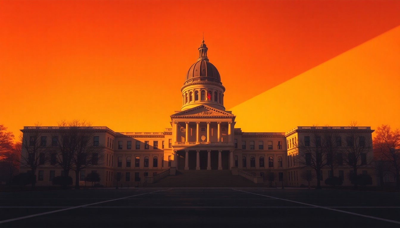 A photorealistic painting of the Iowa State Capitol building, with warm sunlight streaming through the windows and deep shadows casting across the facade, creating a sense of solitude and anticipation.
