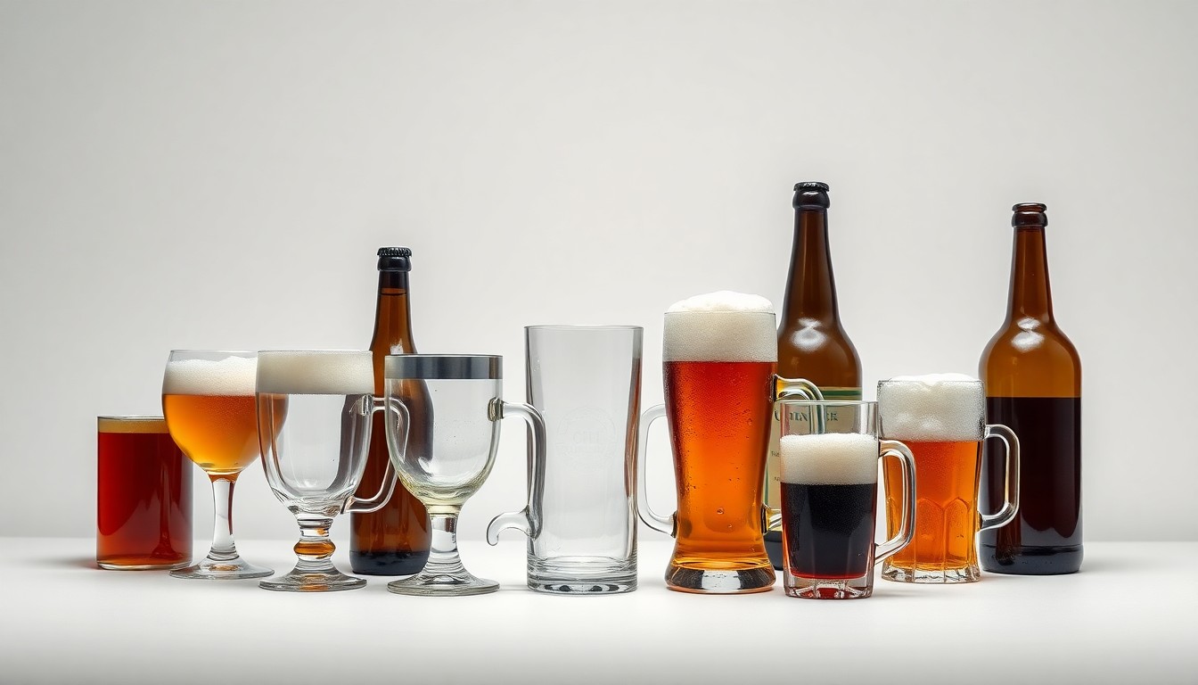 A high-end, photorealistic studio still-life photograph featuring a collection of premium German beer glasses, steins, and bottles arranged elegantly on a clean, monochromatic background, conceptually representing the refined, traditional craftsmanship of German brewing.