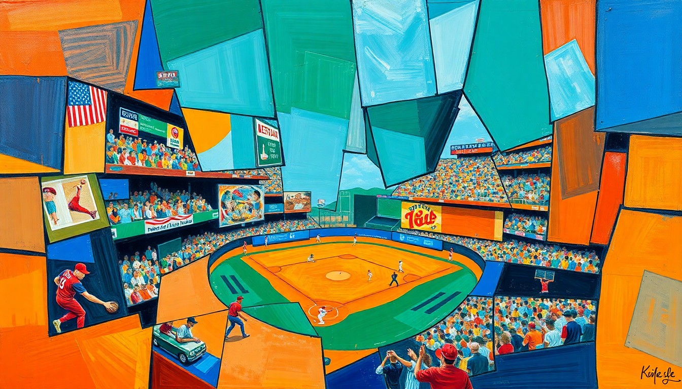 A fractured, cubist-style painting depicting a baseball player swinging a bat, with the action broken down into sharp, overlapping geometric shapes in vibrant colors like deep blue, bright orange, and emerald green.