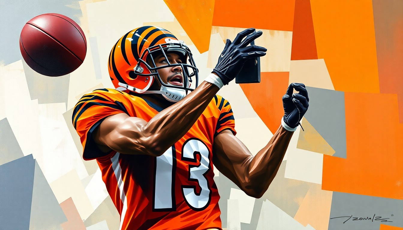 A fractured, geometric painting depicting a football player in mid-catch, with sharp planes of orange and black representing the Bengals' team colors and the dynamic action of the play.