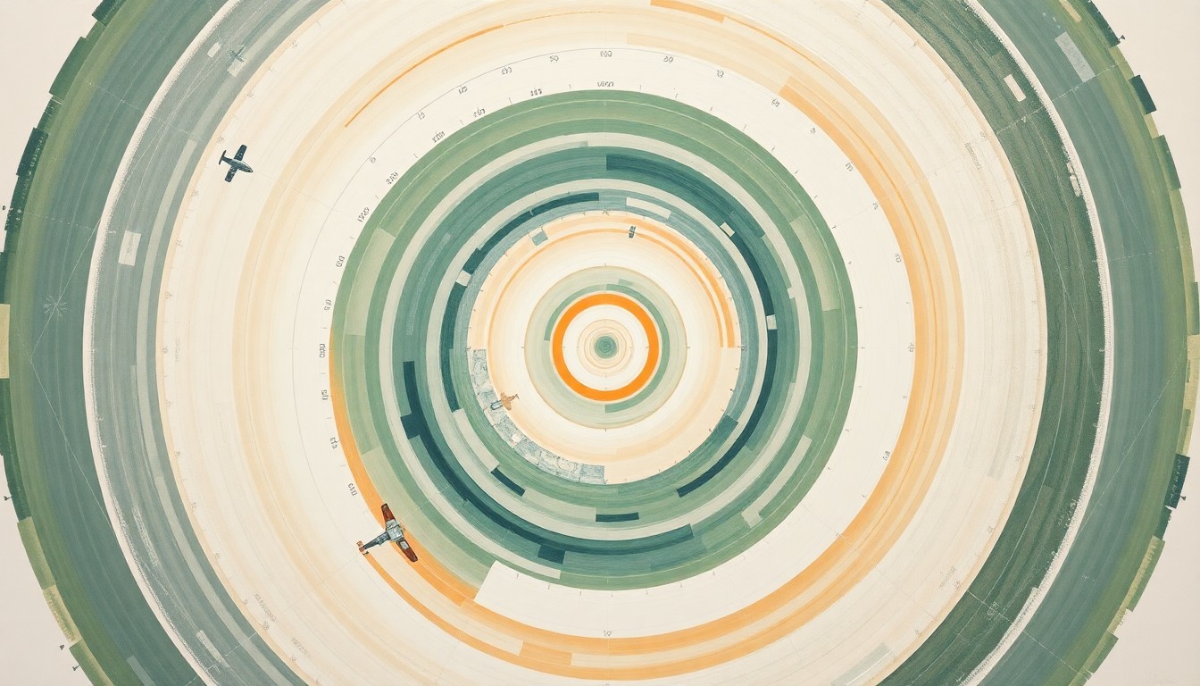 A bold, abstract painting in the style of Hilma af Klint, featuring sweeping geometric arcs, concentric circles, and precise spirals in earthy tones of green, blue, and orange, conceptually representing the complex systems and forces involved in the launch and operation of a modern cargo spacecraft.