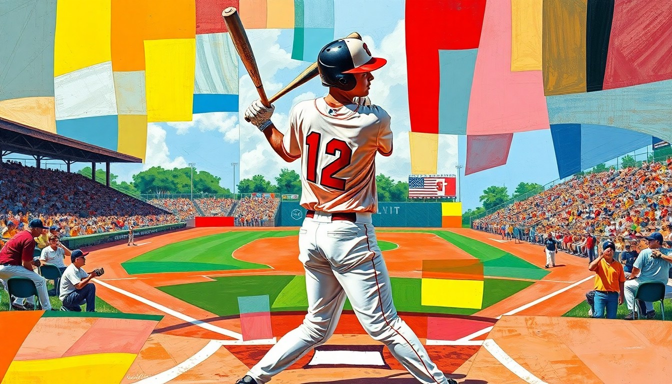 A fragmented, cubist-style painting depicting the dynamic motion of a baseball player swinging the bat, with the field and crowd in the background rendered in a geometric, abstract style.