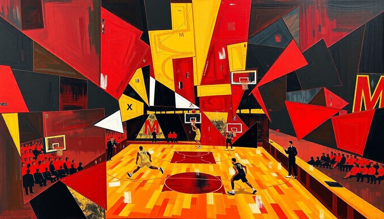 A cubist, geometric painting depicting the fragmented movements and energy of a basketball game, with sharp planes of red, black, and gold representing Maryland's colors.