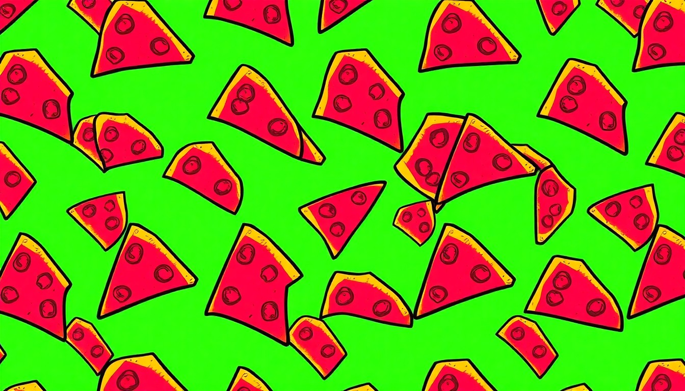 A bold, colorful silkscreen-style illustration featuring a repeated pattern of a single pizza slice in neon shades of red, orange, and yellow, conceptually representing the evolving culinary landscape of downtown Sarasota.