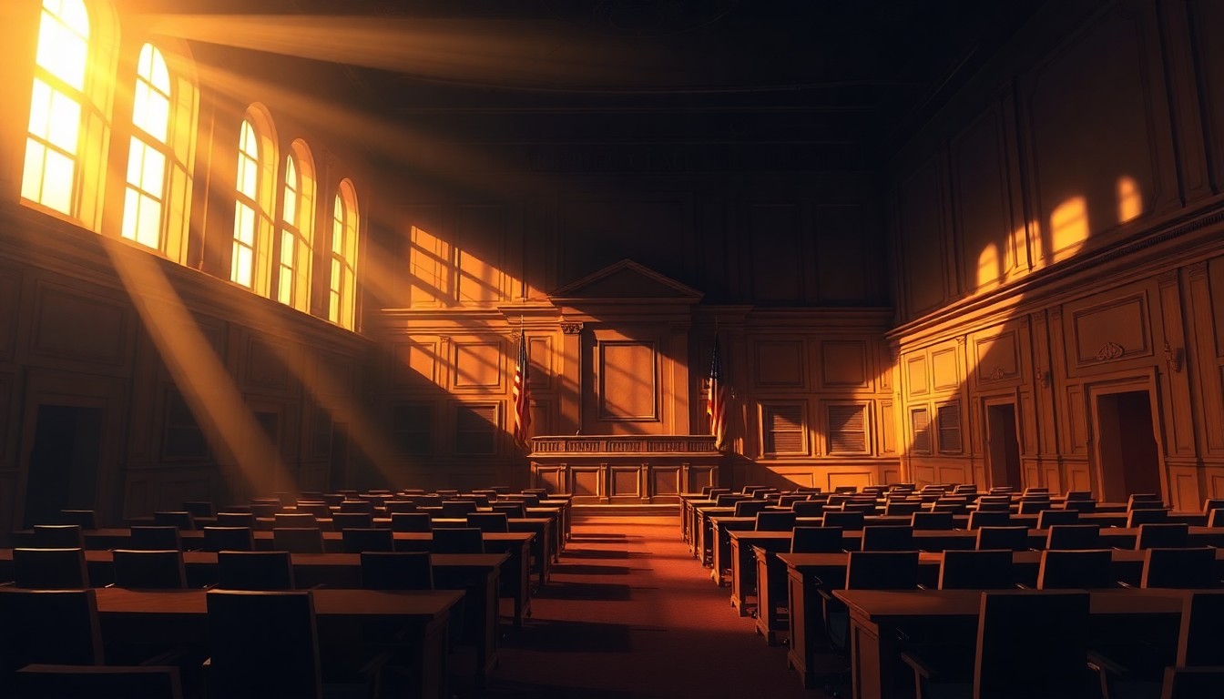 A dimly lit, cinematic painting of an empty city council chamber, with warm, diagonal sunlight streaming through the windows and deep shadows casting across the empty desks and chairs, conveying a sense of uncertainty and unease.