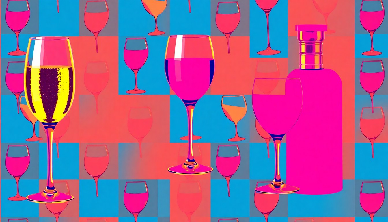 A bold, colorful silkscreen print featuring repeating images of champagne flutes, wine glasses, and cocktail shakers in a vibrant, pop art style, conceptually representing the festive atmosphere of a professional awards ceremony.