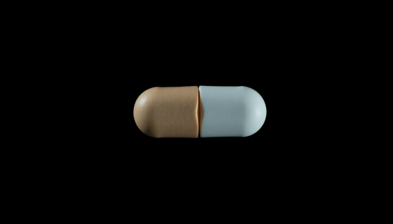 An extreme close-up photograph of a single counterfeit pill against a pitch-black background, lit by a harsh, direct camera flash, creating a stark, gritty, investigative aesthetic.